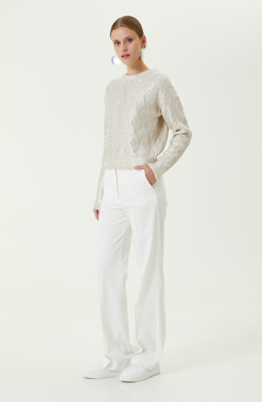 Altın Rengi Varaklı Bisiklet Yaka Triko Kazak