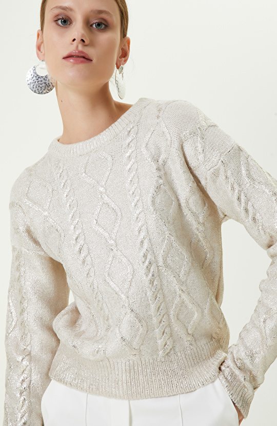 Altın Rengi Varaklı Bisiklet Yaka Triko Kazak