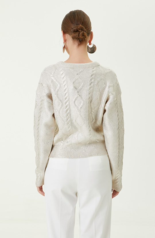 Altın Rengi Varaklı Bisiklet Yaka Triko Kazak