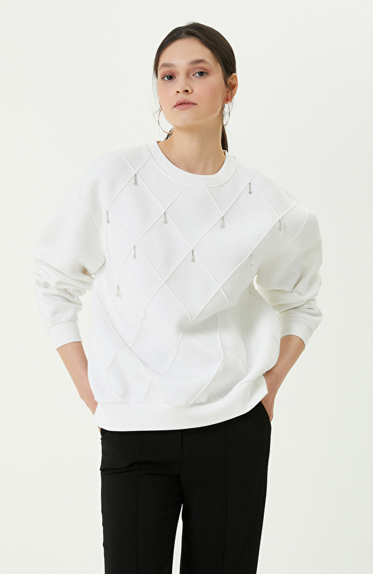 Pamuklu Baklava Desenli Ekru Sweatshirt