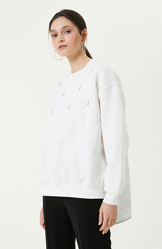 Pamuklu Baklava Desenli Ekru Sweatshirt