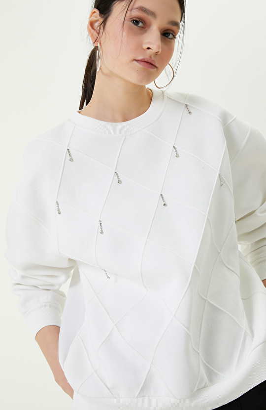 Pamuklu Baklava Desenli Ekru Sweatshirt