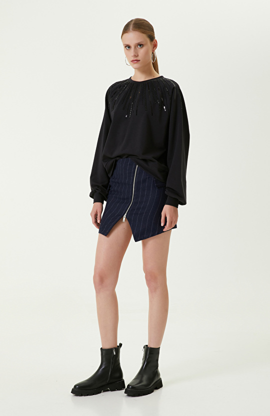 Siyah Bisiklet Yaka Penye Sweatshirt