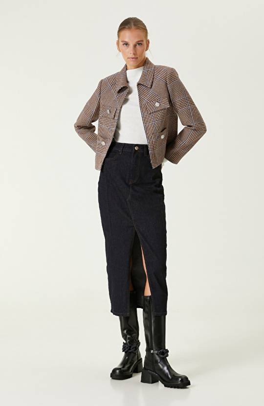 Koyu İndigo Mavi Önden Yırtmaçlı Denim Etek