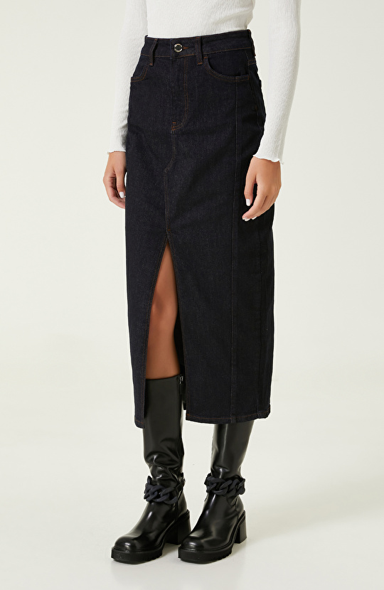 Koyu İndigo Mavi Önden Yırtmaçlı Denim Etek