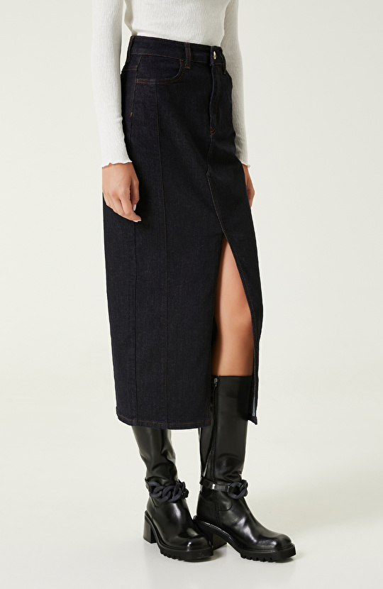 Koyu İndigo Mavi Önden Yırtmaçlı Denim Etek