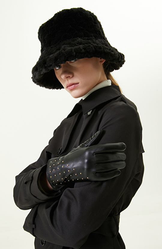 Siyah Troklu Kadın Deri Eldiven