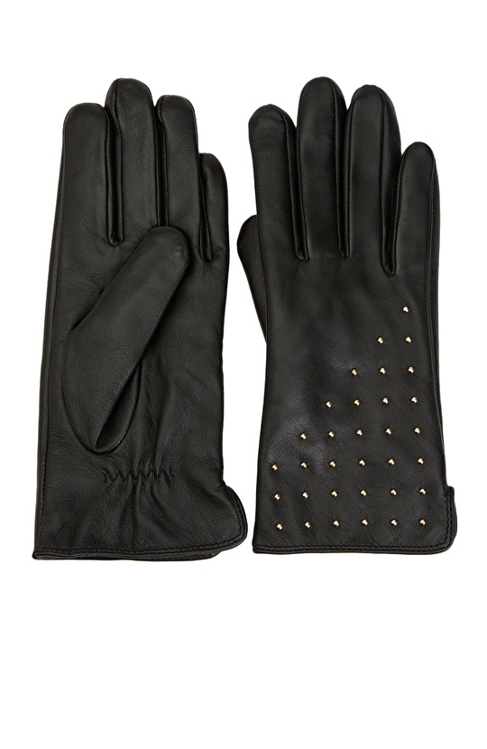 Siyah Troklu Kadın Deri Eldiven