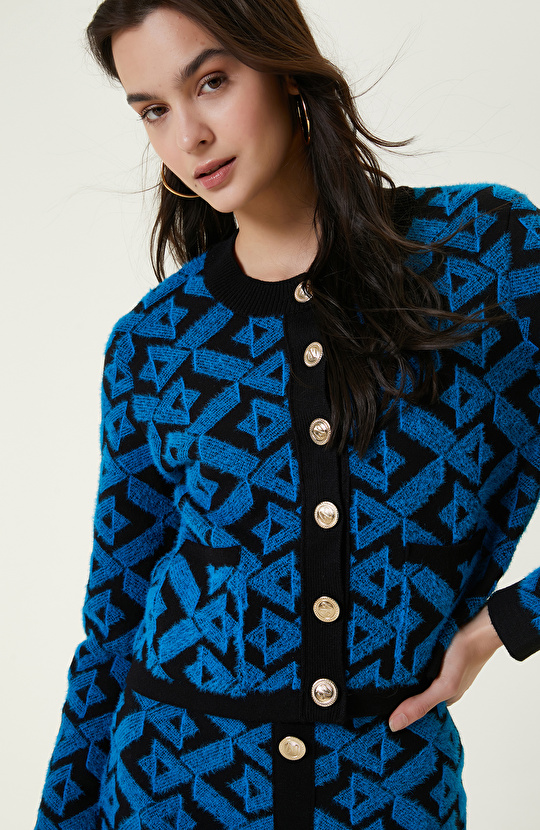 Siyah Mavi Desenli Bisiklet Yaka Triko Ceket