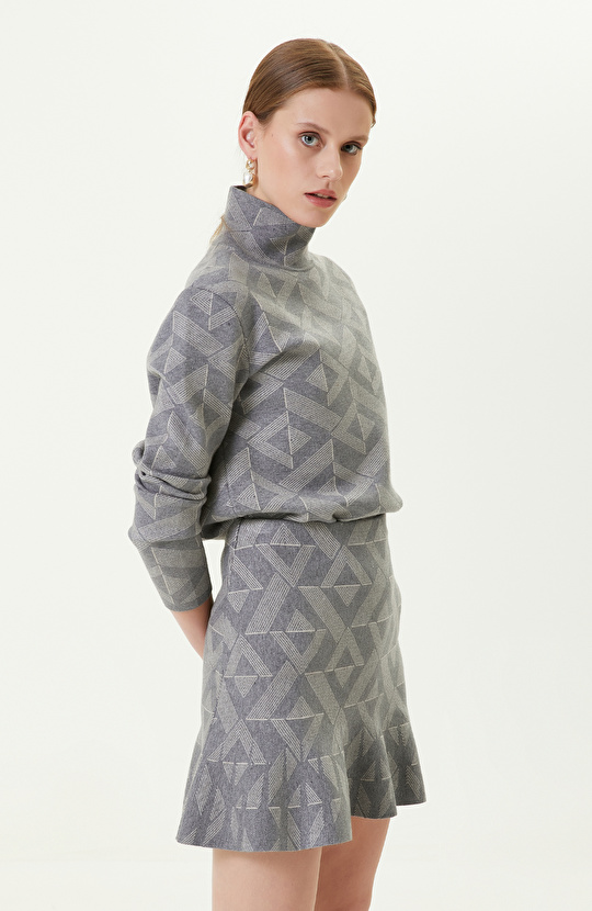 Gri Melanj Desenli Dik Yaka Triko Kazak