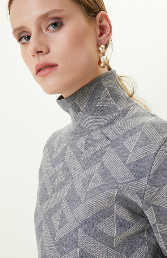 Gri Melanj Desenli Dik Yaka Triko Kazak