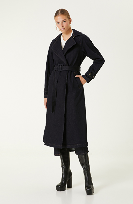 Koyu Indigo Mavi Denim Pardösü