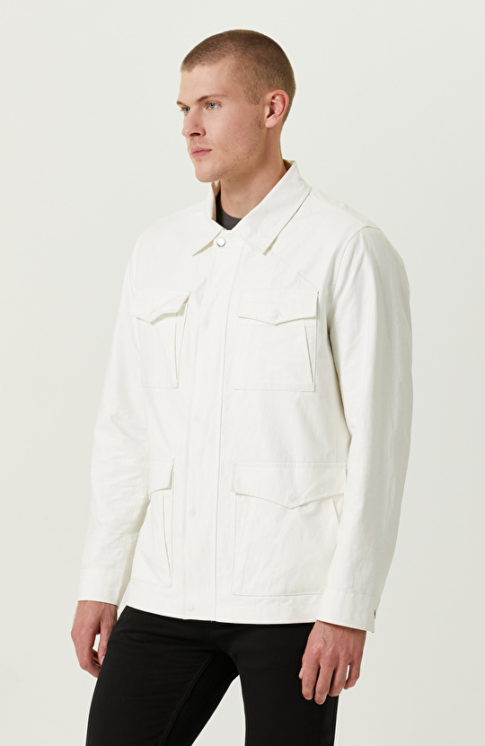 Kapaklı Cep Gömlek Yaka Ekru Ceket