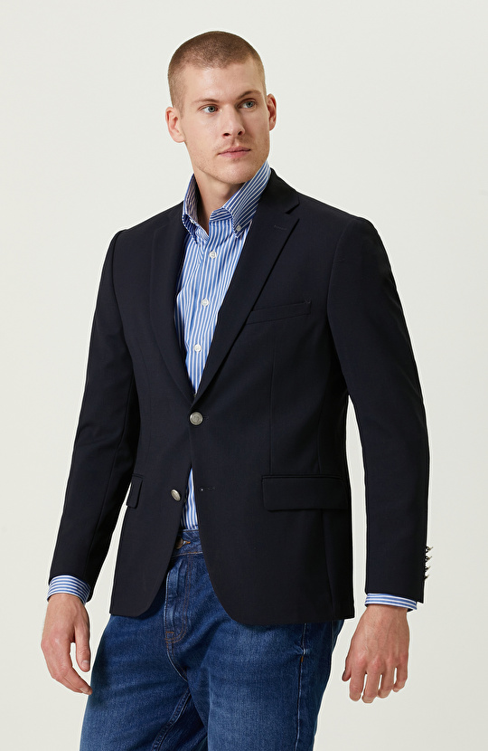 Armürlü Mono Yaka Lacivert Ceket