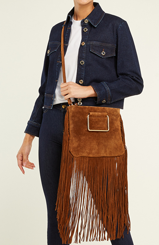 Taba Püsküllü Kadın Süet Çanta