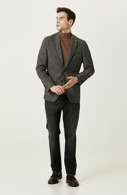 Mono Yaka Uzun Kollu Desenli Antrasit Ceket