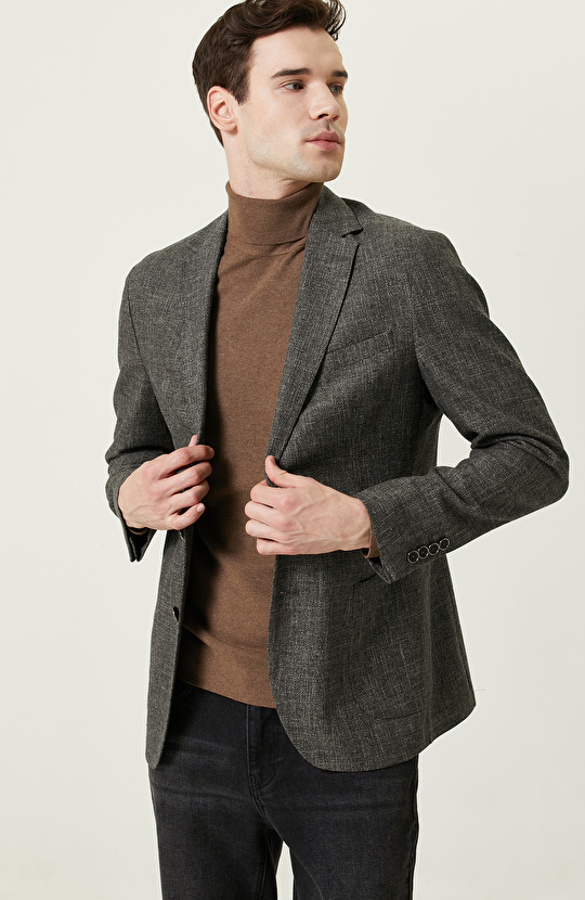 Mono Yaka Uzun Kollu Desenli Antrasit Ceket