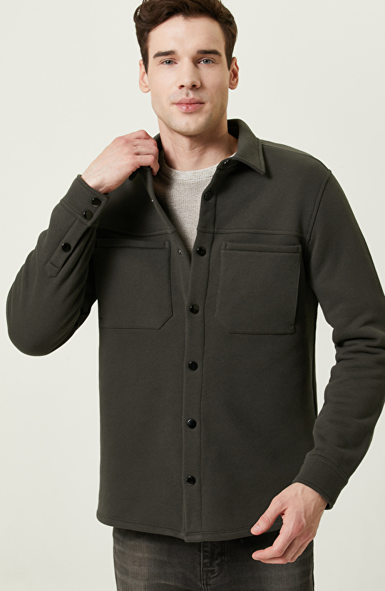 Pamuklu Haki Örme Dış Gömlek