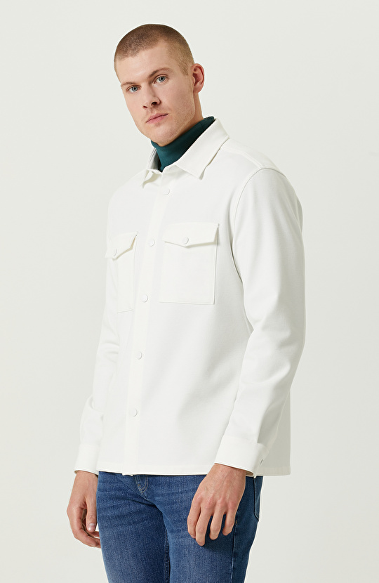 Cepli Ekru Dokuma Dış Gömlek