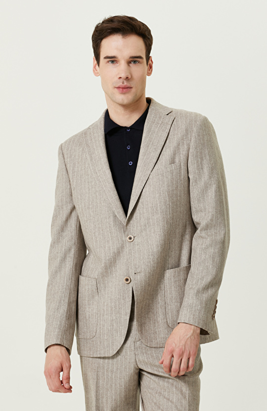 Dokuma Bej Çizgili Takım Elbise