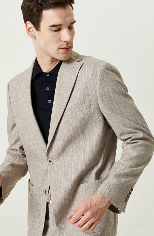 Dokuma Bej Çizgili Takım Elbise