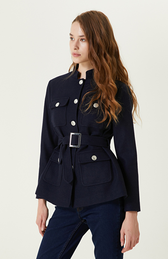 Lacivert Kemerli Aksesuar Detaylı Ceket