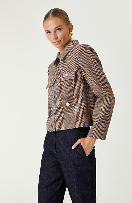 Kahverengi Ekose Desenli Crop Ceket