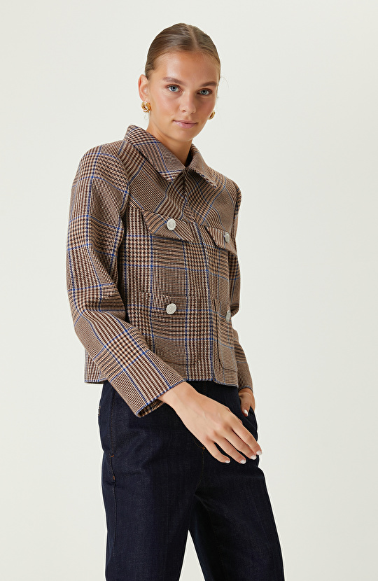 Kahverengi Ekose Desenli Crop Ceket