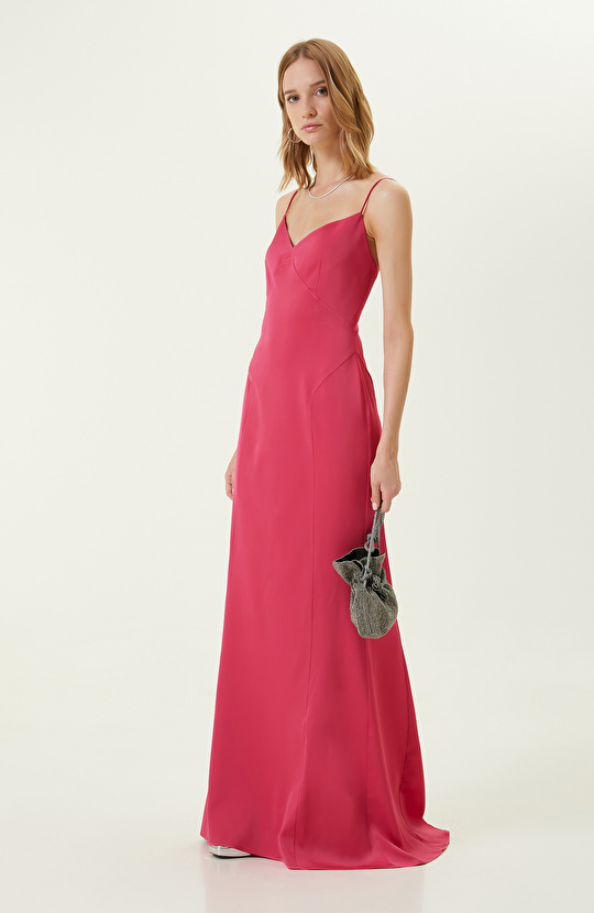 Fuşya İnce Askılı Abiye Elbise