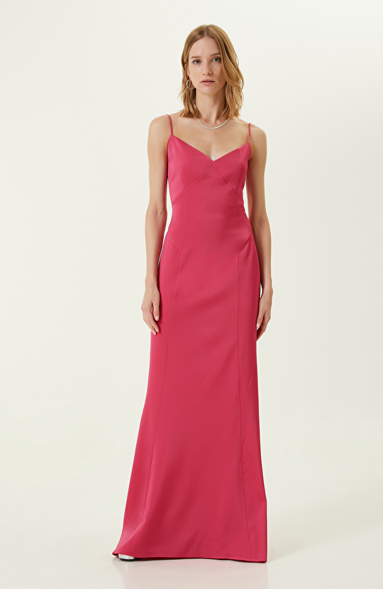 Fuşya İnce Askılı Abiye Elbise