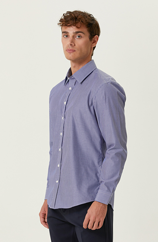 Non-Iron Pamuklu Mavi Beyaz Çizgili Gömlek