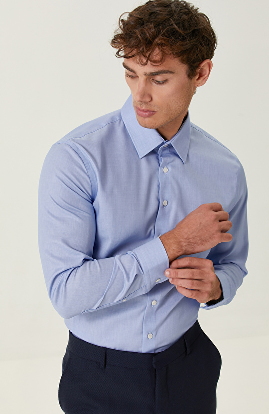 Non-Iron Pamuklu Mavi Armürlü Gömlek