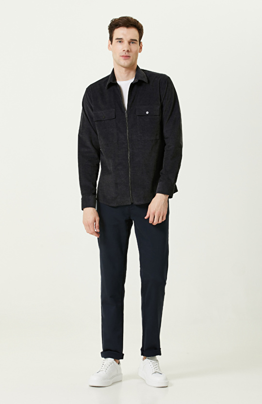 Klasik Yaka Pamuklu Antrasit Fitilli Gömlek