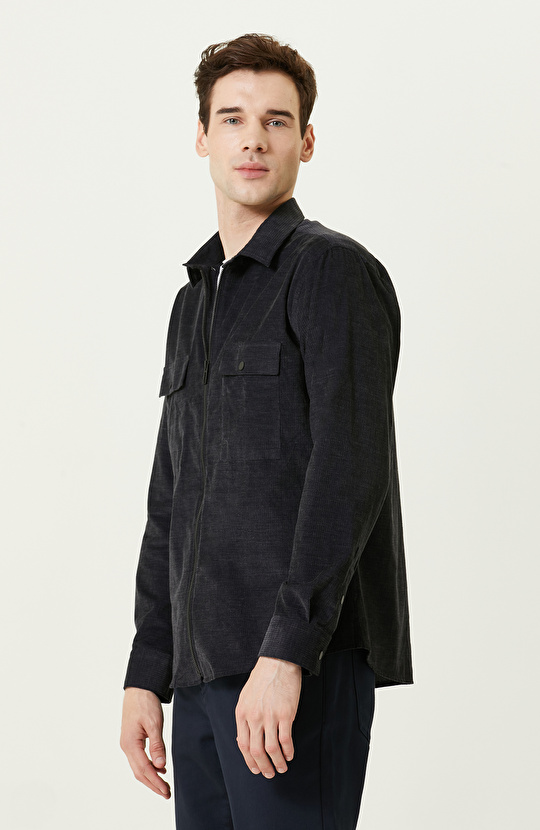 Klasik Yaka Pamuklu Antrasit Fitilli Gömlek