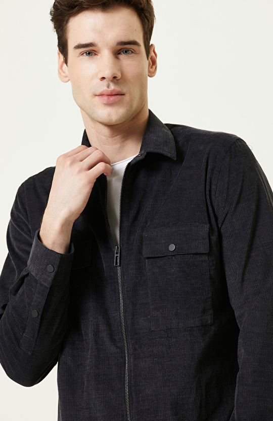 Klasik Yaka Pamuklu Antrasit Fitilli Gömlek