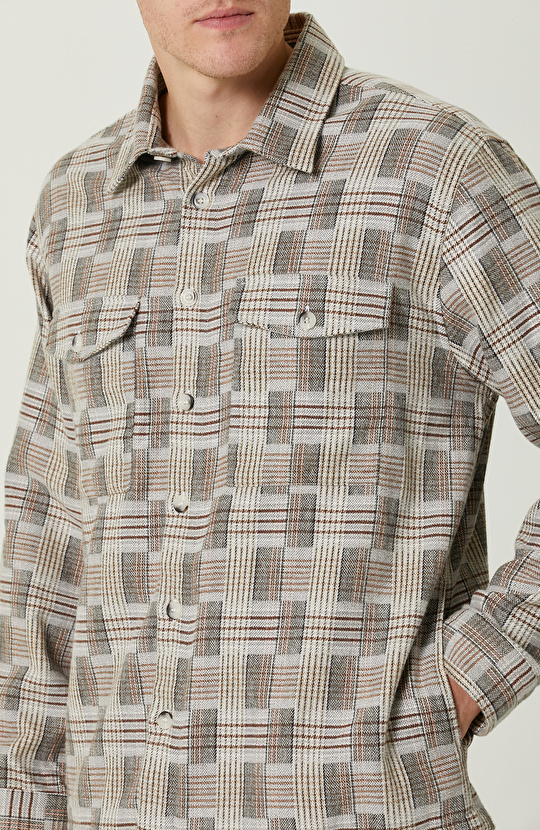 Klasik Yaka Pamuklu Gri Kareli Gömlek