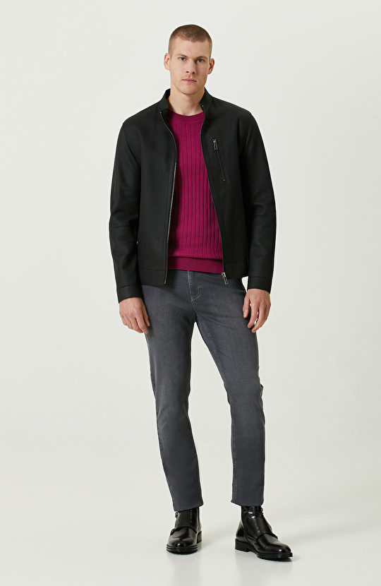 Fuşya Saç Örgülü Triko Kazak