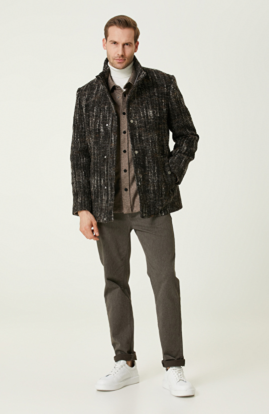 Siyah Kahverengi Yün Karışımlı Kaban