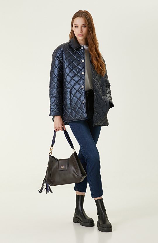 Lacivert Deri Kapitone Mont