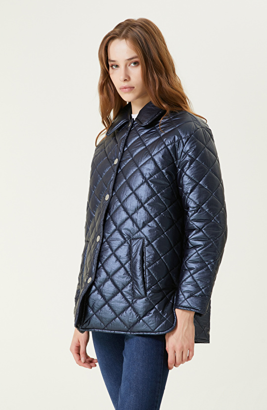 Lacivert Deri Kapitone Mont