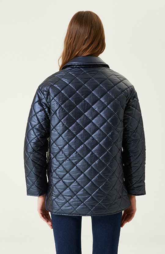 Lacivert Deri Kapitone Mont