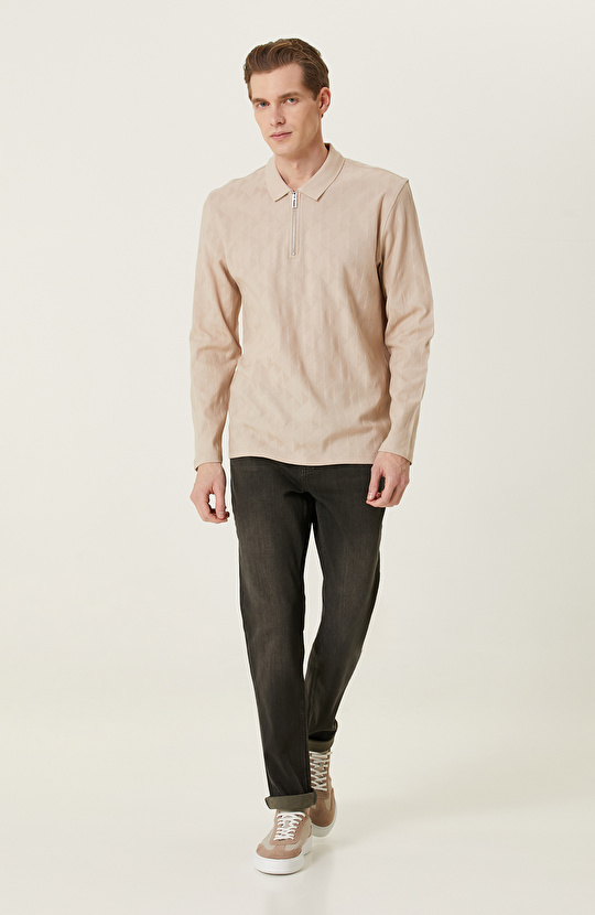 Bej Fermuarlı Uzun Kollu Polo Yaka T-shirt