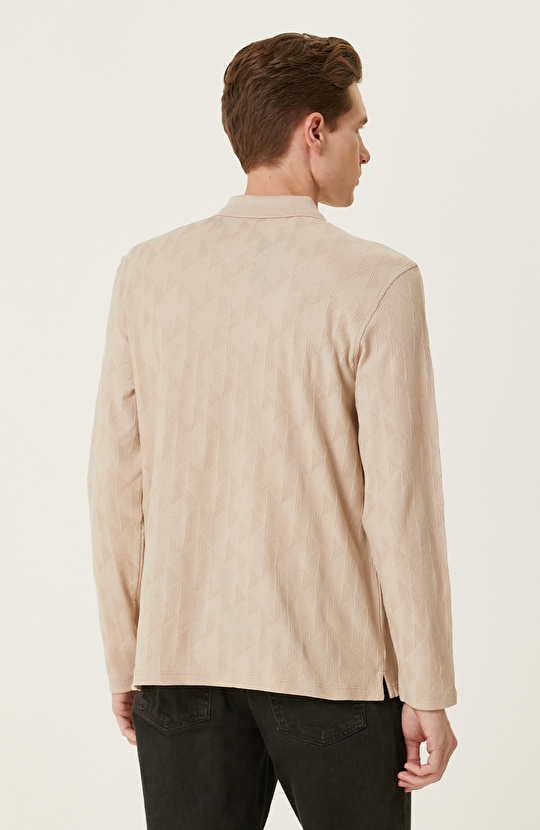 Bej Fermuarlı Uzun Kollu Polo Yaka T-shirt