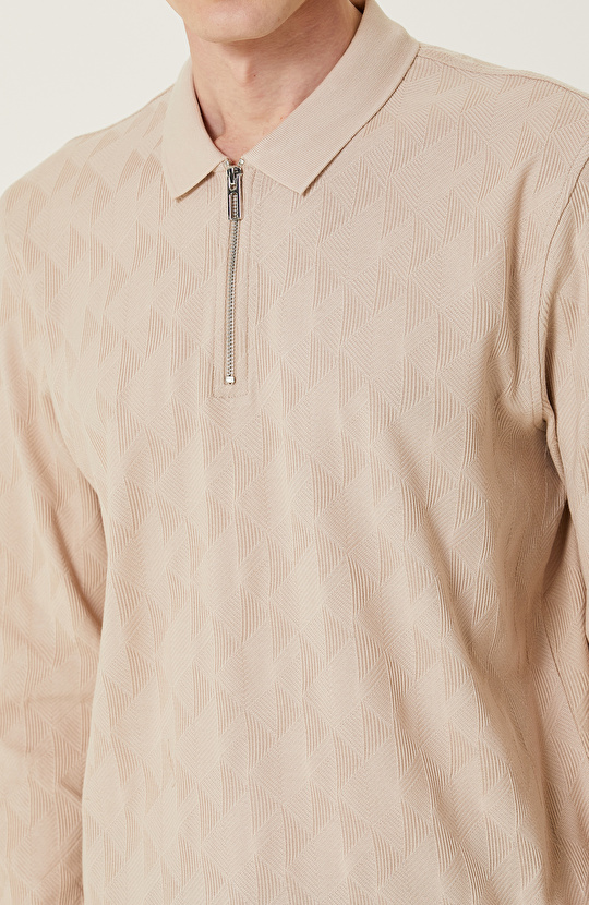 Bej Fermuarlı Uzun Kollu Polo Yaka T-shirt