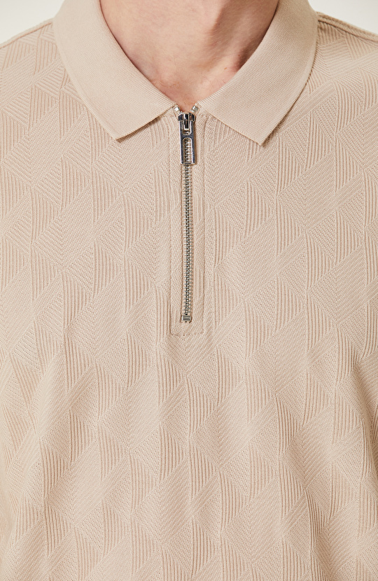 Bej Fermuarlı Uzun Kollu Polo Yaka T-shirt