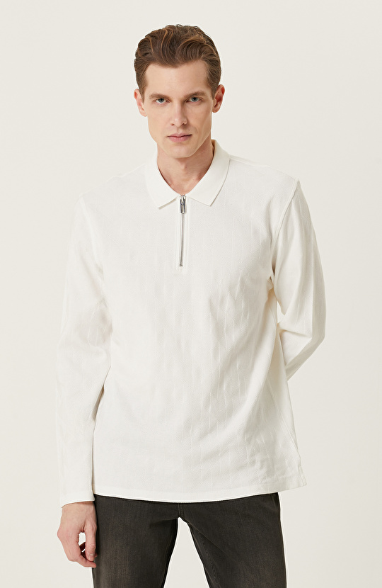 Ekru Fermuarlı Uzun Kollu Polo Yaka T-shirt