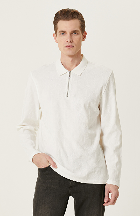 Ekru Fermuarlı Uzun Kollu Polo Yaka T-shirt