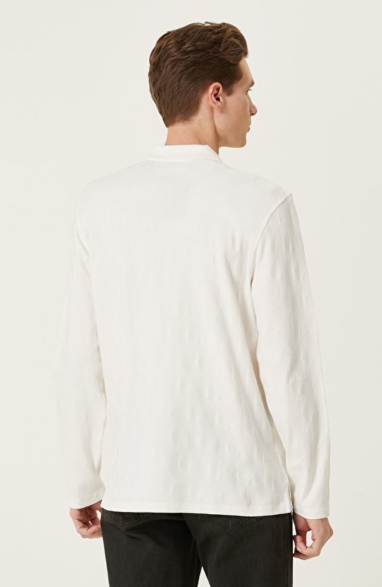 Ekru Fermuarlı Uzun Kollu Polo Yaka T-shirt