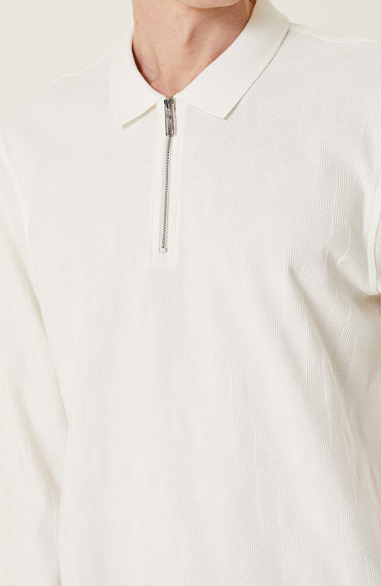 Ekru Fermuarlı Uzun Kollu Polo Yaka T-shirt