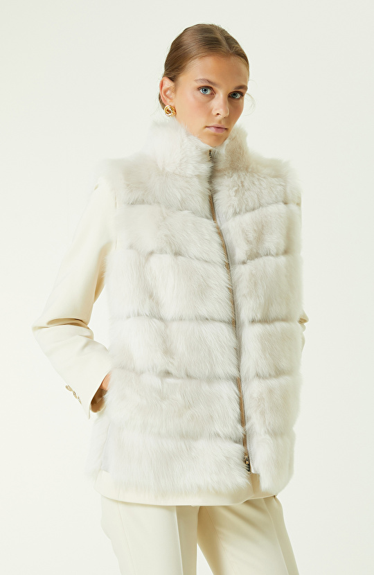 Ekru Çizgi Detaylı Deri Yelek